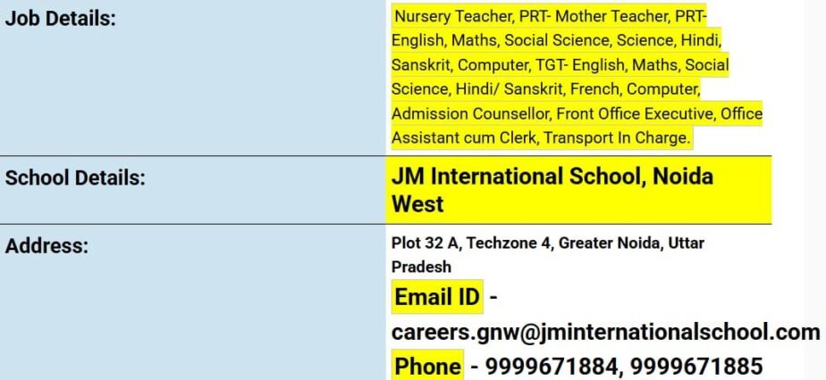 Job opportunity at JM International School, Noida West, Uttar Pradesh