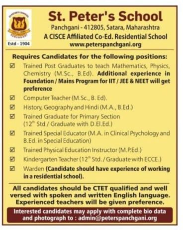 Teacher Recruitment at St. Peter’s School, Panchgani, Satara, Maharashtra