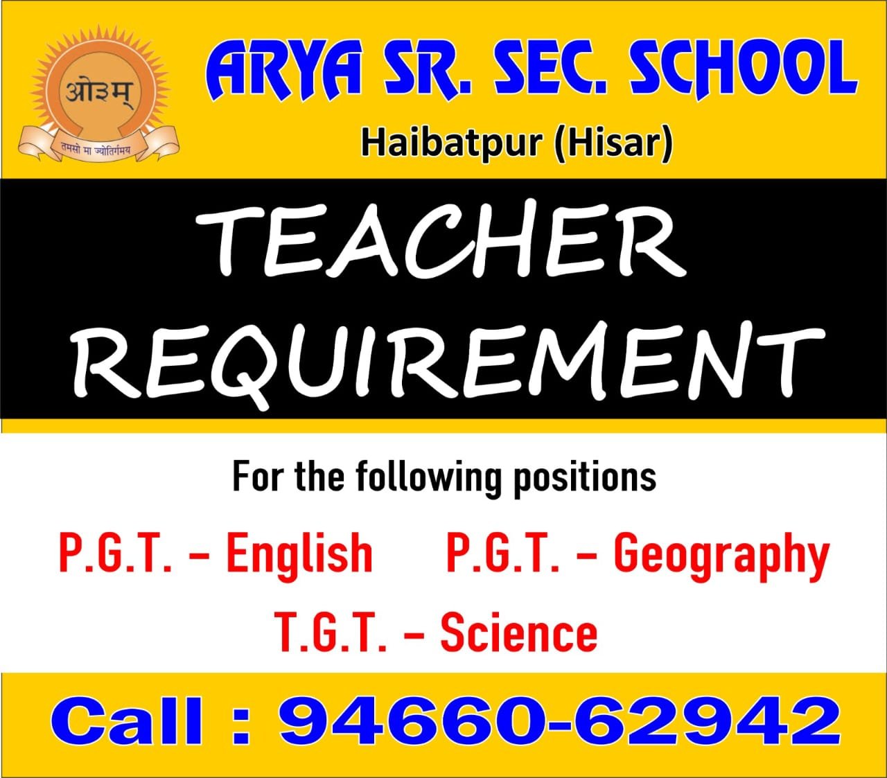 Teacher Vacancies at Arya Sr. Sec. School, Haibatpur, Haryana