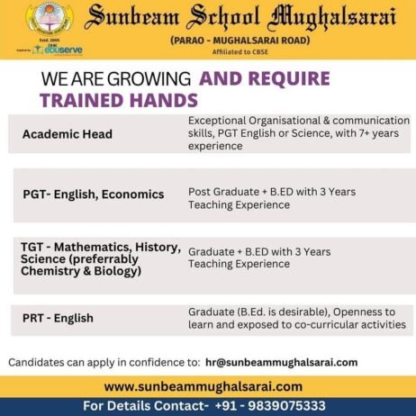 Teaching Opportunities at Sunbeam School Mughalsarai, Uttar Pradesh