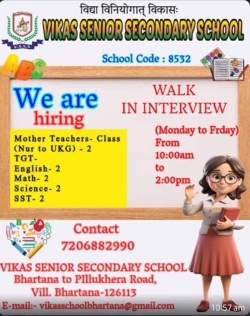 Teaching Opportunities at Vikas Senior Secondary School, Jind, Haryana