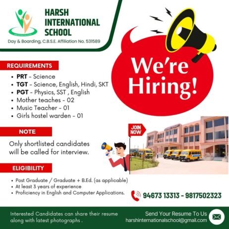 Teacher Recruitment at Harsh International School, Jind, Haryana