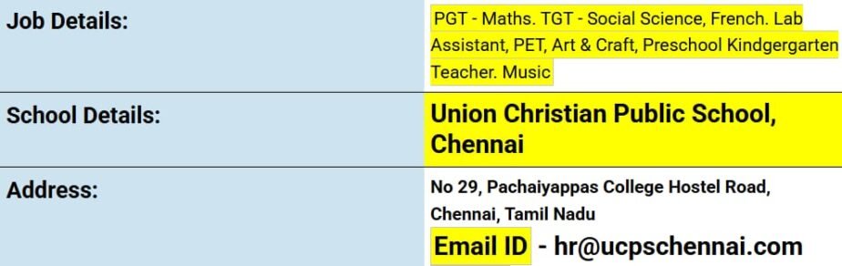 Teaching Jobs at Union Christian Public School, Chennai,Tamil Nadu