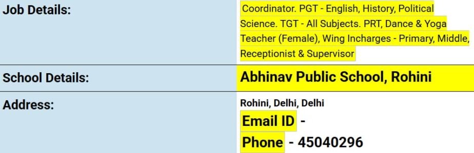 Teaching Job Openings at Abhinav Public School, Rohini ,North West Delhi,Delhi