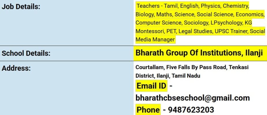 Teacher Recruitment at Bharath Group of Institutions, Ilanji, Tenkasi,Tamilnadu