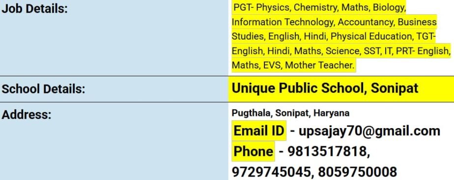 Teaching Jobs at Unique Public School, Sonipat,Haryana