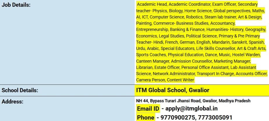 Exciting Teaching & Administrative Job Openings at ITM Global School, Gwalior,Madhya Pradesh