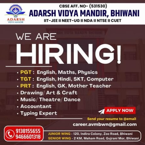 Job Opportunity at Adarsh Vidya Mandir, Bhiwani, Haryana