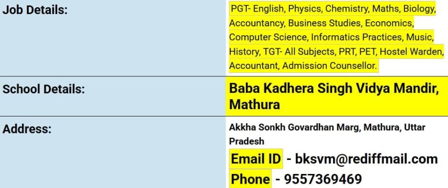 Job Opportunity at Baba Kadhere Singh Vidya Mandir, Mathura, Uttar Pradesh