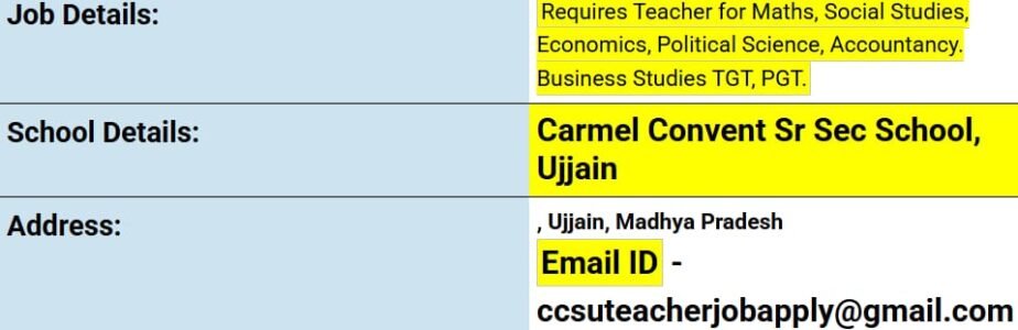 Teaching Positions at Carmel Convent Sr Sec School, Ujjain ,Madhya Pradesh