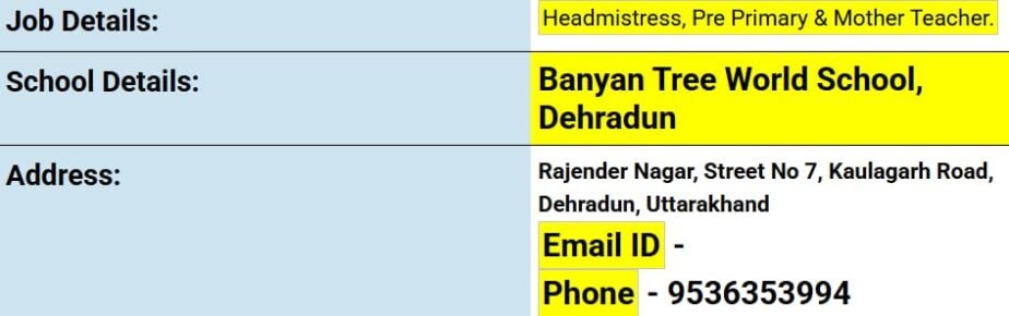 Pre-primary and mother teacher positions at Banyan Tree World School Dehradun, Uttarakhand