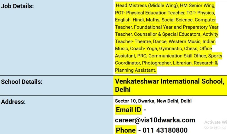 Explore Exciting Teacher Job Vacancies at Venkateshwar International School, New Delhi, Delhi