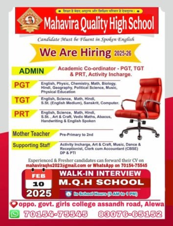 Job Opportunity at Mahavira Quality High School, Jind, Haryana