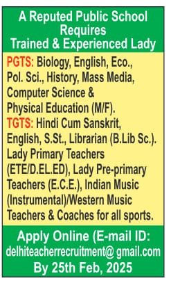 Teacher Vacancies in a Reputed Public School,New Delhi