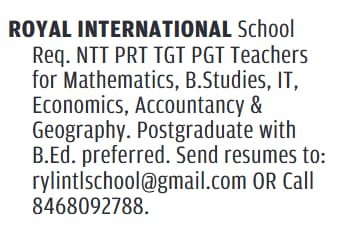 Teacher Recruitment at Royal International School, kotla vihar, West Delhi, Delhi