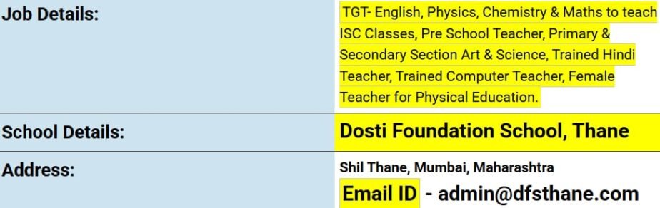 Teaching Jobs at Dosti Foundation School, Thane ,Maharashtra