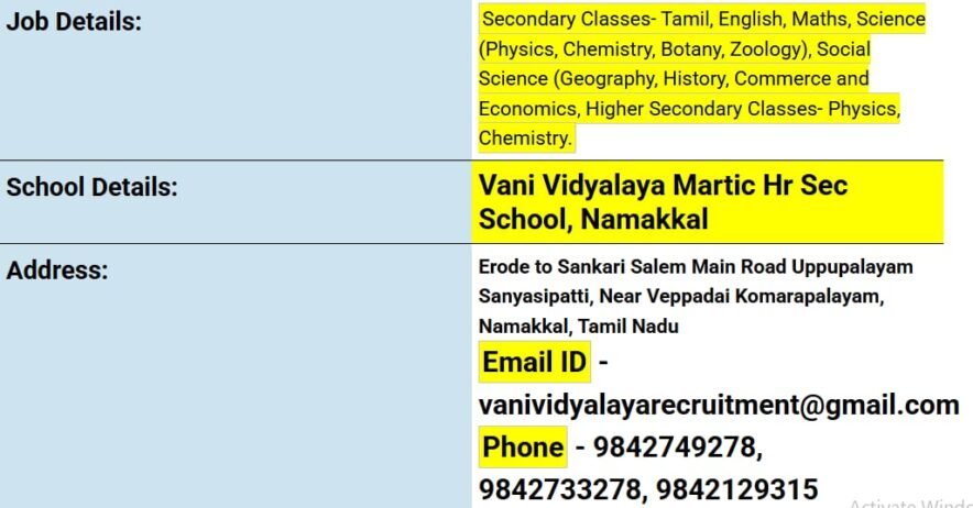 Teaching Jobs at Vani Vidyalaya Matric Hr Sec School, Namakkal,Tamil Nadu