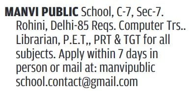 Job Opportunity at Manvi Public School, Rohini, Delhi