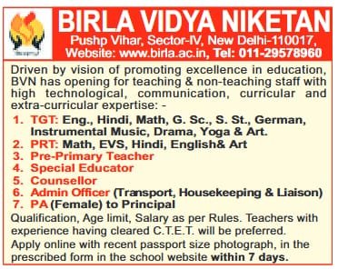 Job Opportunity at Birla Vidya Niketan, Pushp Vihar, Delhi