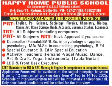 Job Opportunity at Happy Home Public School, Rohini, Delhi