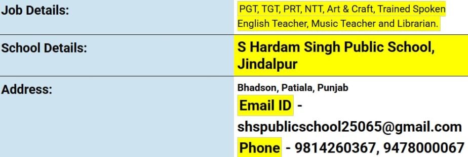 Teaching Job Openings at S Hardam Singh Public School, Punjab