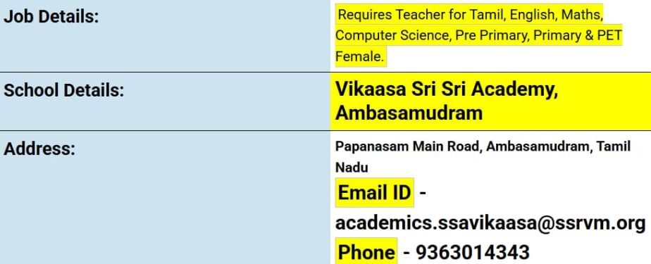 Teaching Jobs at Vikaasa Sri Sri Academy, Ambasamudram,Tamil Nadu