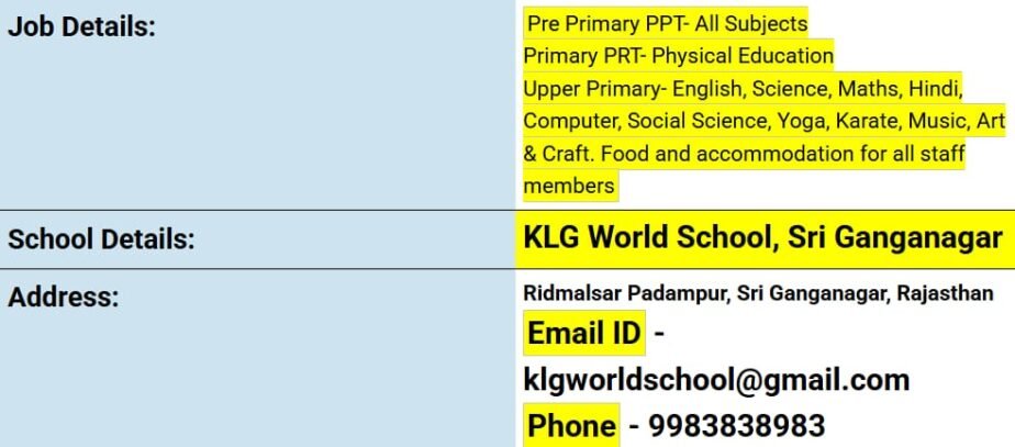 Job Opportunity at KLG World School, Sri Ganganagar, Rajasthan