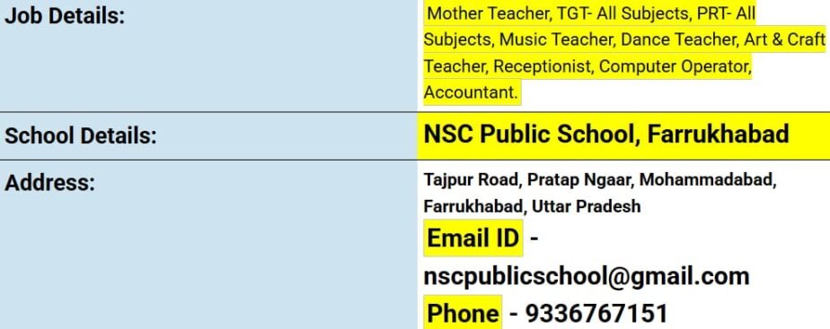 Job Opportunity at NSC Public School Farrukhabad Uttar Pradesh