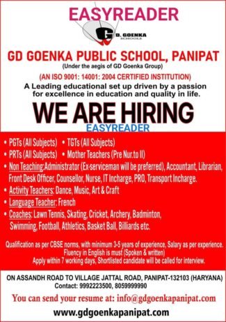 Teaching & Non-Teaching Jobs at GD Goenka Public School, Panipat,Haryana