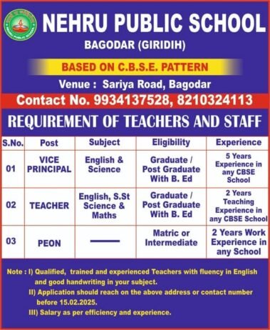 Exciting Teaching & Staff Opportunities at Nehru Public School, Giridih, Jharkhand