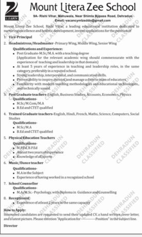 Job Opportunity at  Mount Litera Zee School, Dehradun Uttarakhand