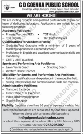 Job Opportunity at G D Goenka Public School, Dehradun, Uttarakhand