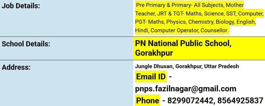 Teaching Jobs at PN National Public School, Gorakhpur,Uttar Pradesh