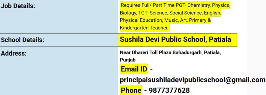 Teaching Jobs at Sushila Devi Public School, Patiala ,Punjab