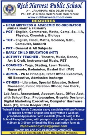 Job Opportunity at Rich Harvest Public School New Delhi Delhi