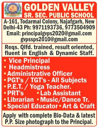 Job Opportunity at Golden Valley Sr. Sec. Public School, Najafgarh, Delhi