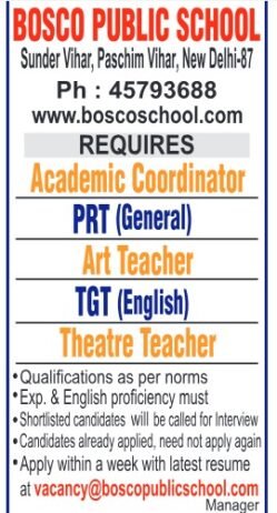 Job Opportunity at Bosco Public School, Paschim Vihar, Delhi