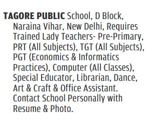 Exciting Teacher Recruitment at Prestigious Tagore Public School, Naraina Vihar, New Delhi, Delhi