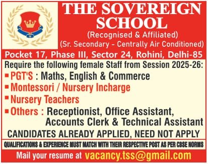 Teaching & Administrative Job Openings at The Sovereign School,  Rohini,  Delhi