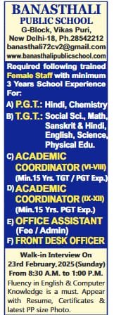 Job Opportunity at Banasthali Public School, Vikas Puri, Delhi