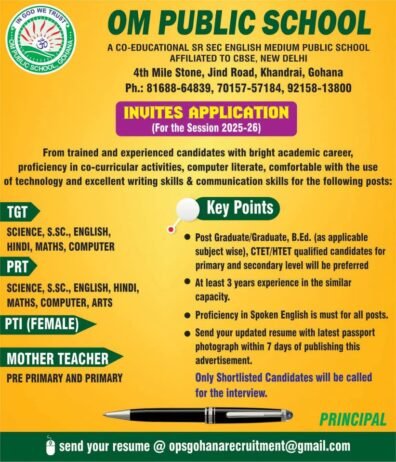 Job Opportunity at OM Public School, Sonipat, Haryana