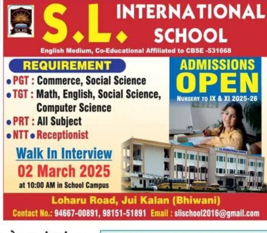 Teaching Job Vacancies at S.L. International School Bhiwani, Haryana