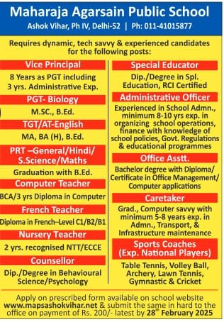 Job Opportunities at Maharaja Agarsain Public School, Delhi