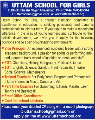 Teaching Job Opportunities at Uttam School for Girls, Ghaziabad, Uttar Pradesh