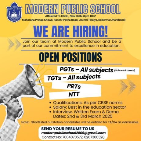 Exciting Teacher Recruitment at Modern Public School, Jhumri Telaiya, Koderma, JharkhandSchool,