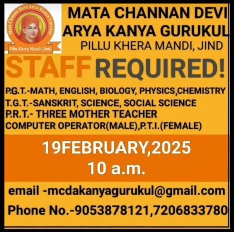 Teacher Recruitment at Mata Channan Devi Arya Kanya Gurukul, Jind, Haryana