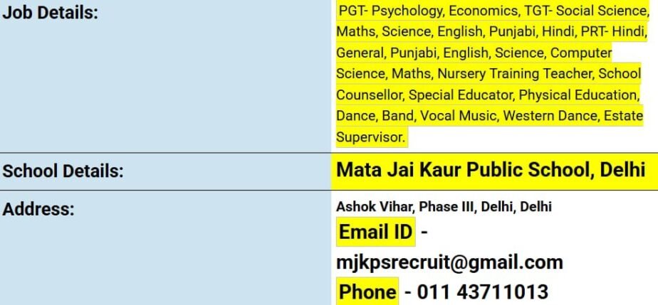 Exciting Teaching Job Vacancies at Mata Jai Kaur Public School, Delhi