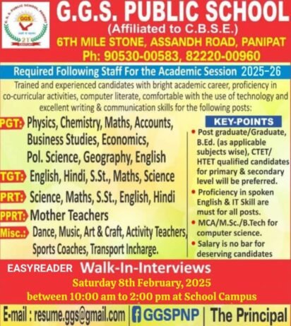 Exciting Teachers Recruitment at G.G.S. Public School, Panipat, Haryana