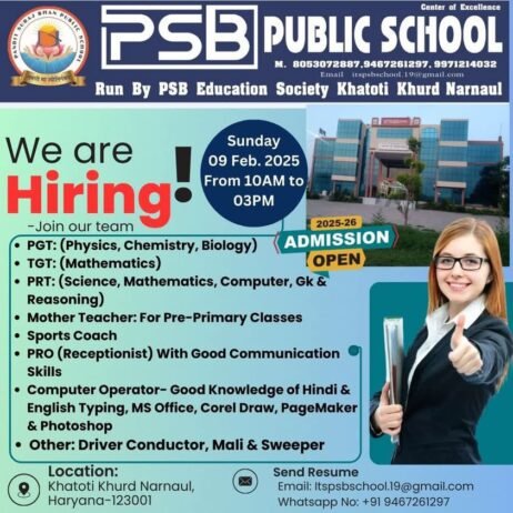 Exciting Teachers job vacancy at PSB Public School, Narnaul, Haryana