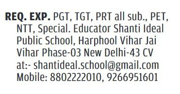 Enhance Your Teaching Career as a Teacher at Shanti Ideal Public School,New Delhi, Delhi